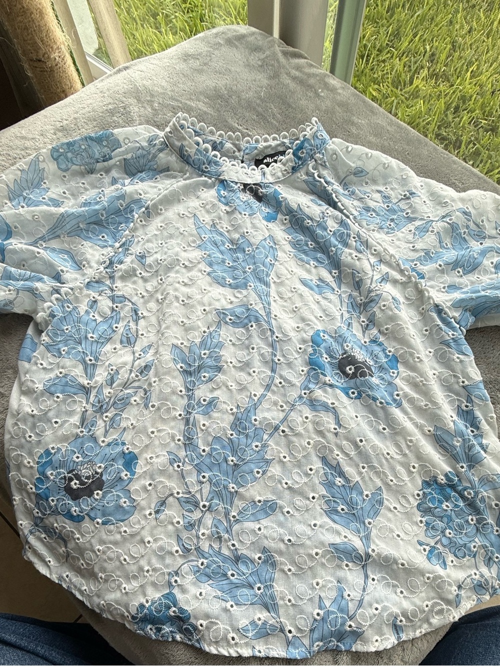 Alice Blue White Eyelet Blouse with Blue Floral Embroidery
